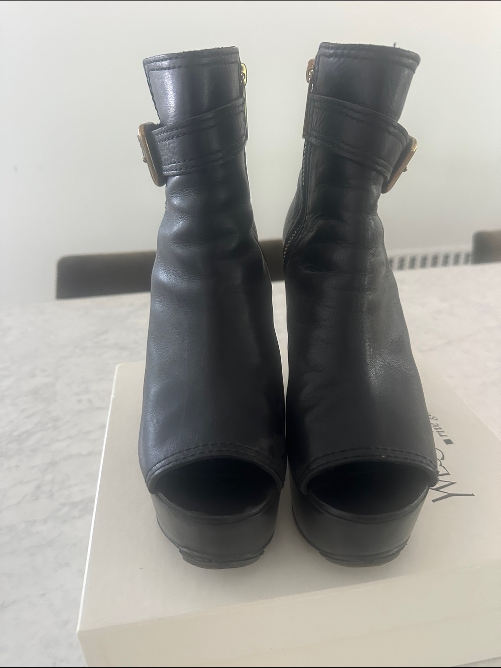 Burberry Black Wedge Peep-Toe Ankle Boots - Women's 6 - Picture 3 of 5